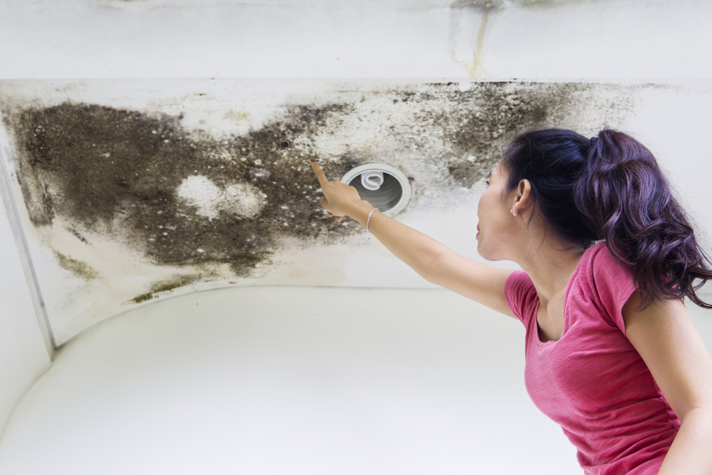 a young Asian woman pointing at the mold from water damage on her ceiling