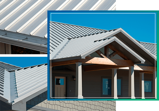 Three overlapping images of a grey metal roof on a home