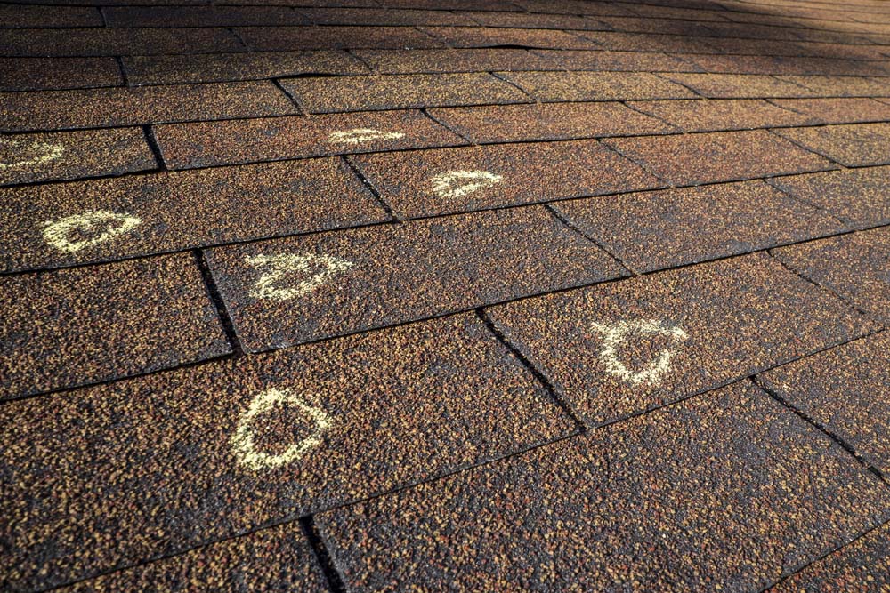 a shingle roof with marked hail damage circled in chalk by a professional roofer