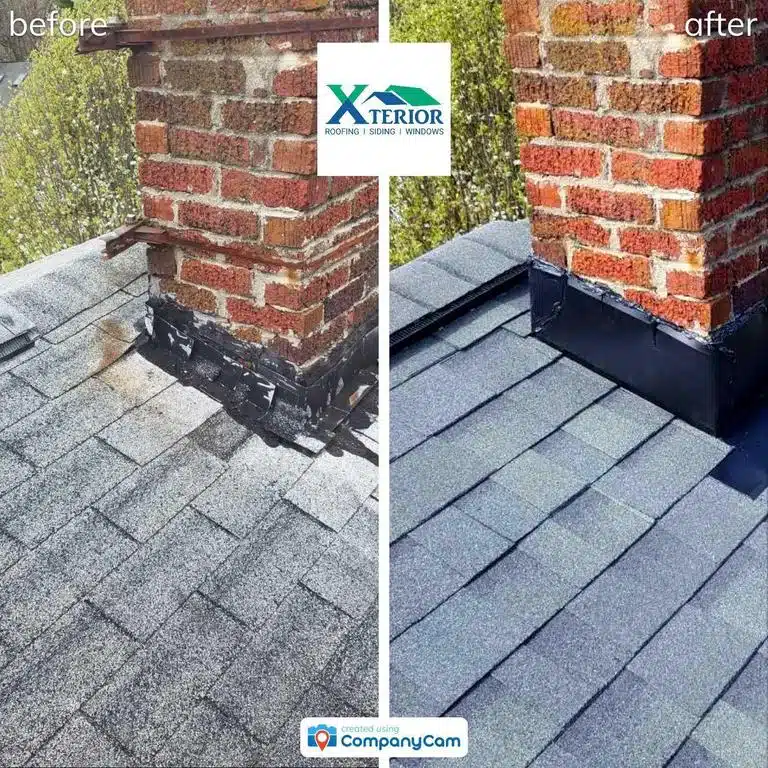 Before and after chimney flashing replacement on an asphalt shingle roof by Xterior LLC