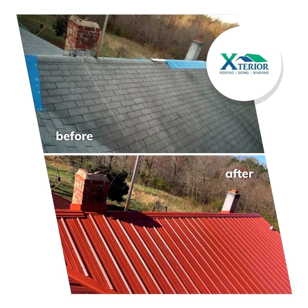 Before and after red metal roof installation by Xterior LLC